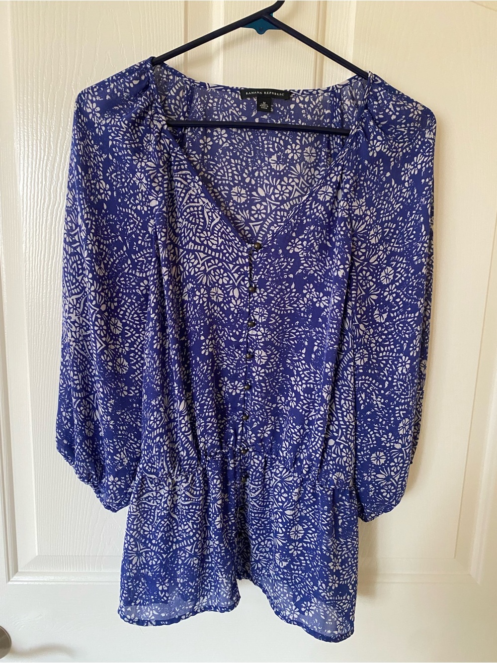 Banana Republic Navy Blue Floral V-Neck Button Tunic